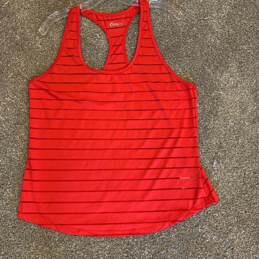Zyia activewear red mesh striped Havana tank.